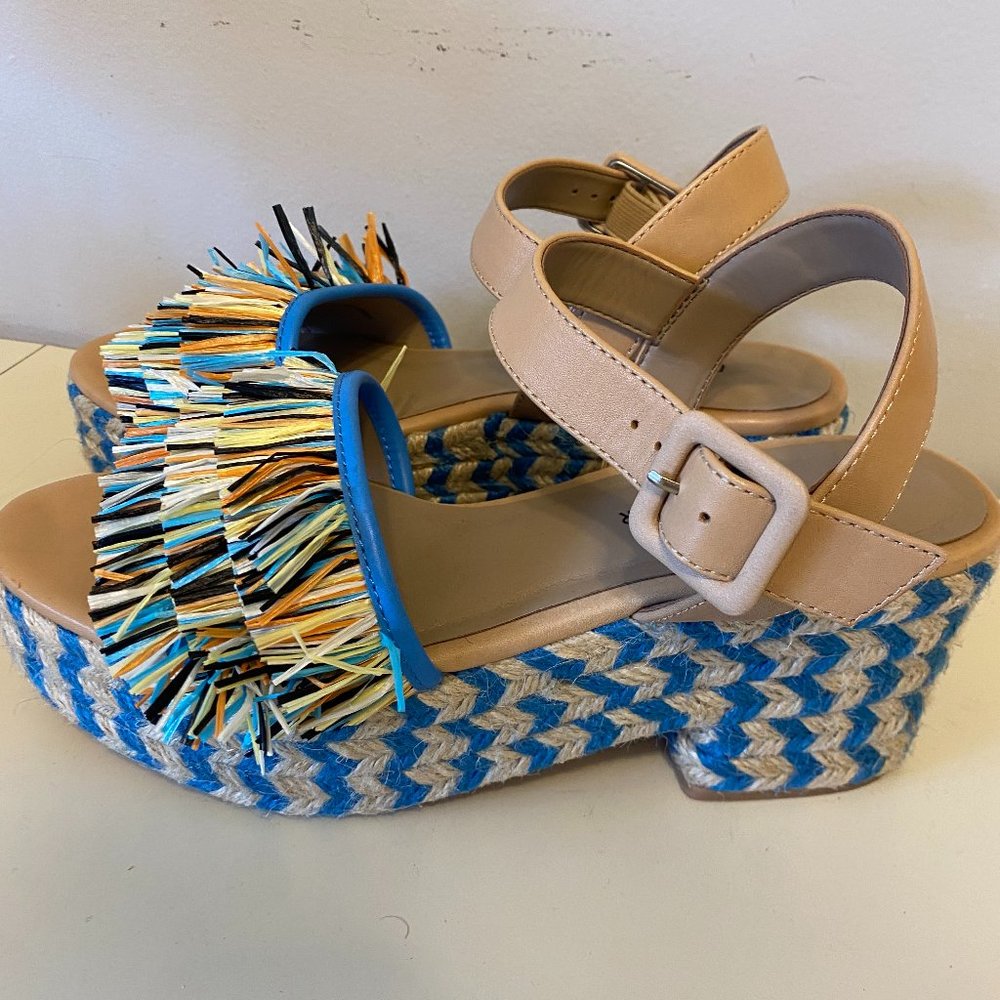 FINAL CHANCE Donald J. Pliner Lyna Raffia Slingback Platform Sandals Blue Fringe